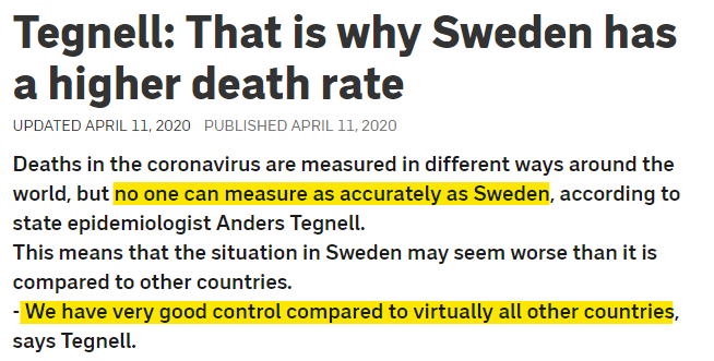 Many had got sick in Sweden. Many had died. Many more would soon die. The explaining began:- Sweden is the best at counting.- Many immigrants died, not because of social economical reasons, community transmission, no TTI, no PPE, but because they can't read or don't understand.