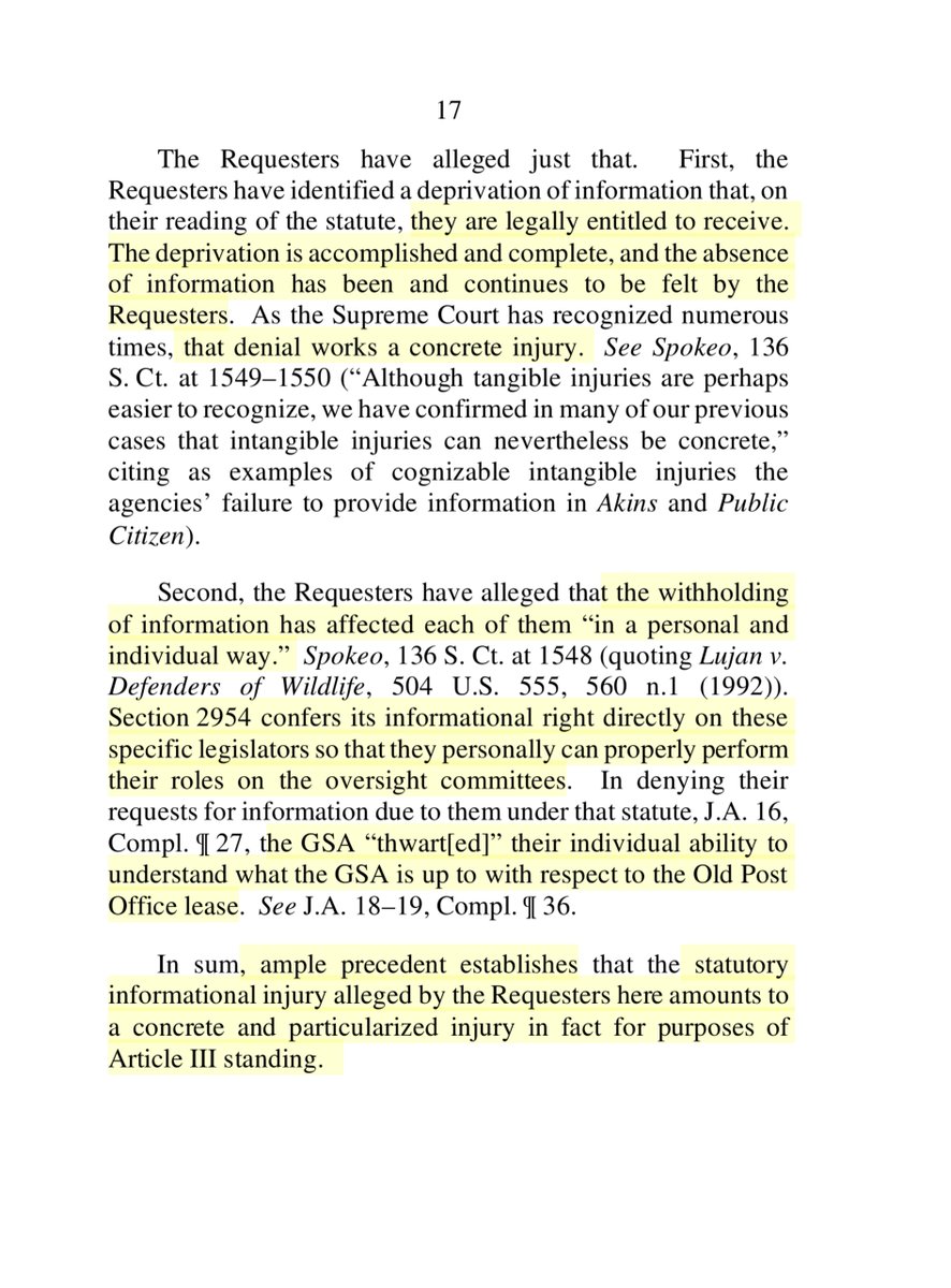 -  @USGSA  @GSAEmilyright to request information under Section 2954 is on all fours, for standing purposes..informational right conferred by those other statutes.. agency’s deprivation of the information to which requesters are statutorily entitled creates an Article III injury”