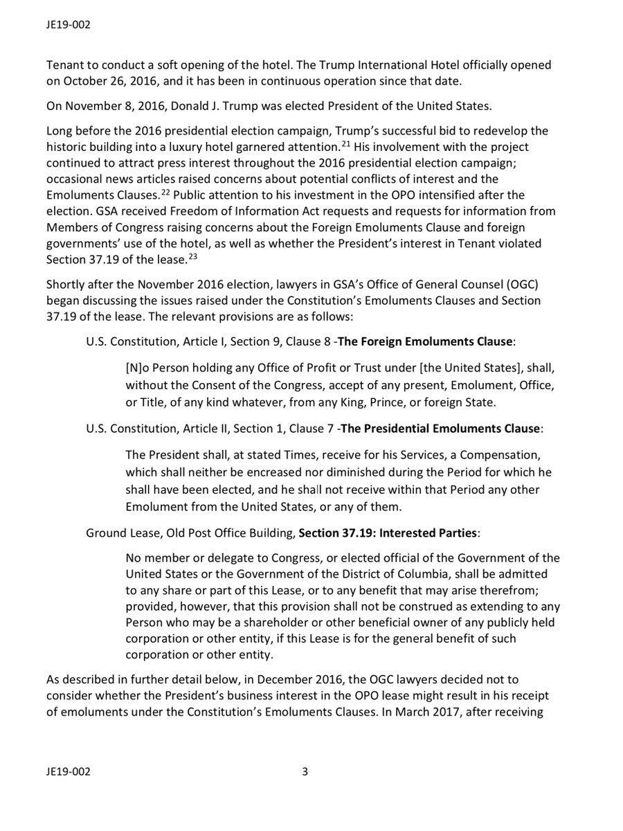 If only I could retweet my 2017-2019 threadsJan 2019  @GSA_OIG report of  @TrumpDC and  @USGSA  @GSAEmily letting  @realDonaldTrump -violate not only his oath of office-shitting on our Constitution-violating the Ts & Cs of his GSA leaseMr Grifter In Chief https://www.gsaig.gov/sites/default/files/ipa-reports/JE19-002%20OIG%20EVALUATION%20REPORT-GSA%27s%20Management%20%26%20Administration%20of%20OPO%20Building%20Lease_January%2016%202019_Redacted.pdf