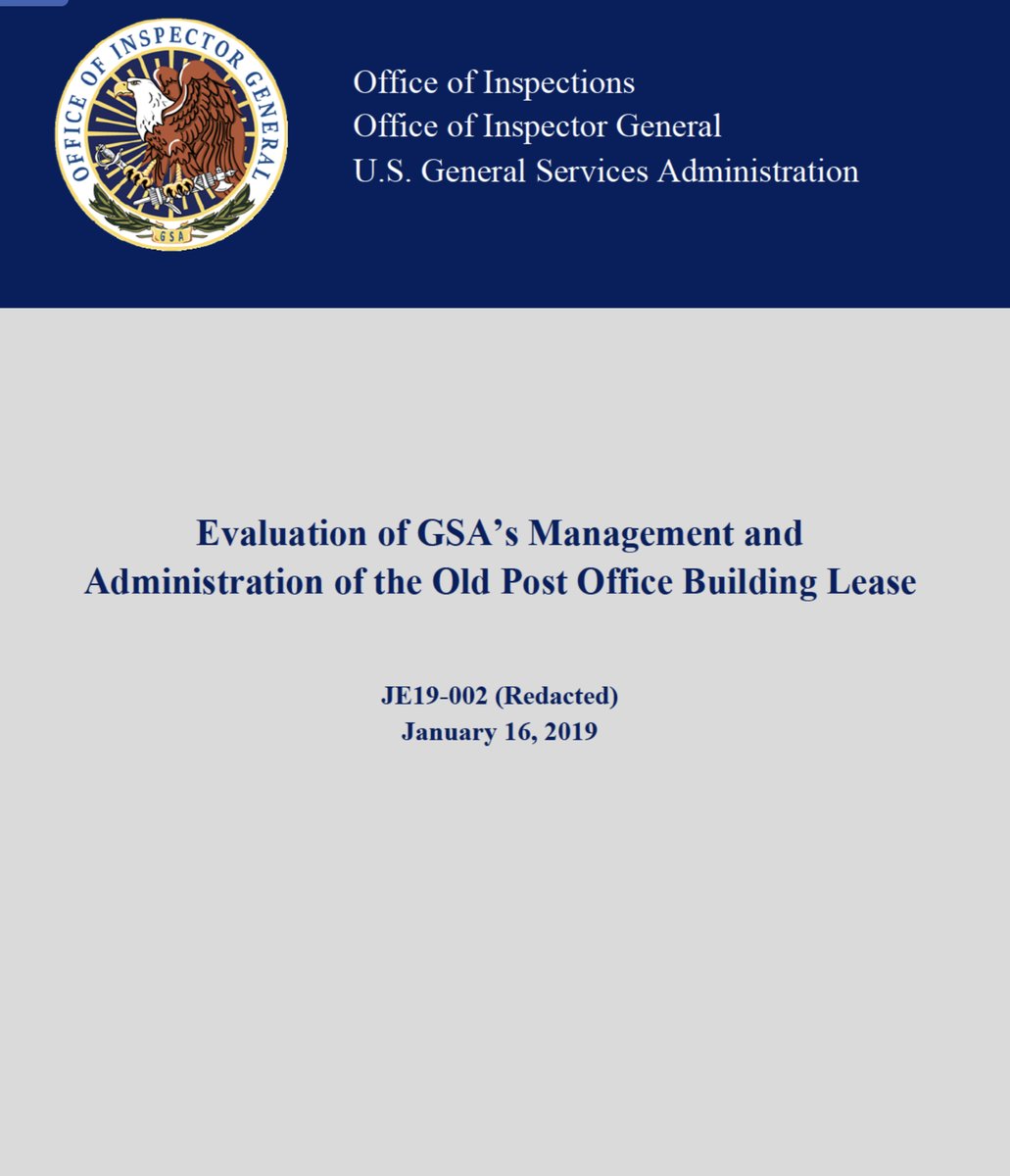 If only I could retweet my 2017-2019 threadsJan 2019  @GSA_OIG report of  @TrumpDC and  @USGSA  @GSAEmily letting  @realDonaldTrump -violate not only his oath of office-shitting on our Constitution-violating the Ts & Cs of his GSA leaseMr Grifter In Chief https://www.gsaig.gov/sites/default/files/ipa-reports/JE19-002%20OIG%20EVALUATION%20REPORT-GSA%27s%20Management%20%26%20Administration%20of%20OPO%20Building%20Lease_January%2016%202019_Redacted.pdf