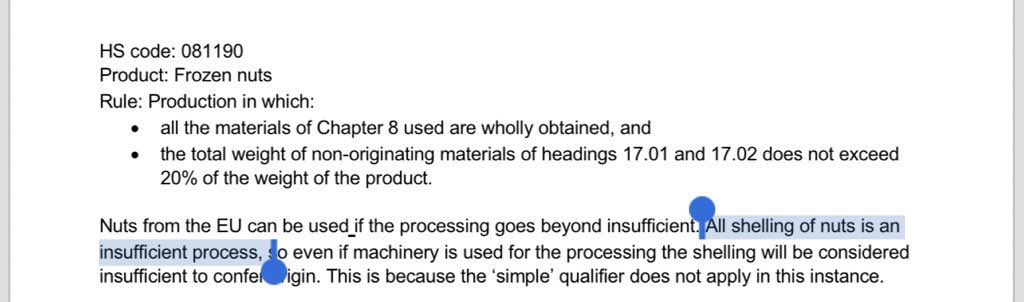 2. this one is for nuts, frozen  Nuts from the EU can contribute towards something qualifying as made in Britain, and this for zero tariffs, only if sufficiently processed.“All shelling of nuts is an insufficient process, even if machinery is used” as this is too “simple”