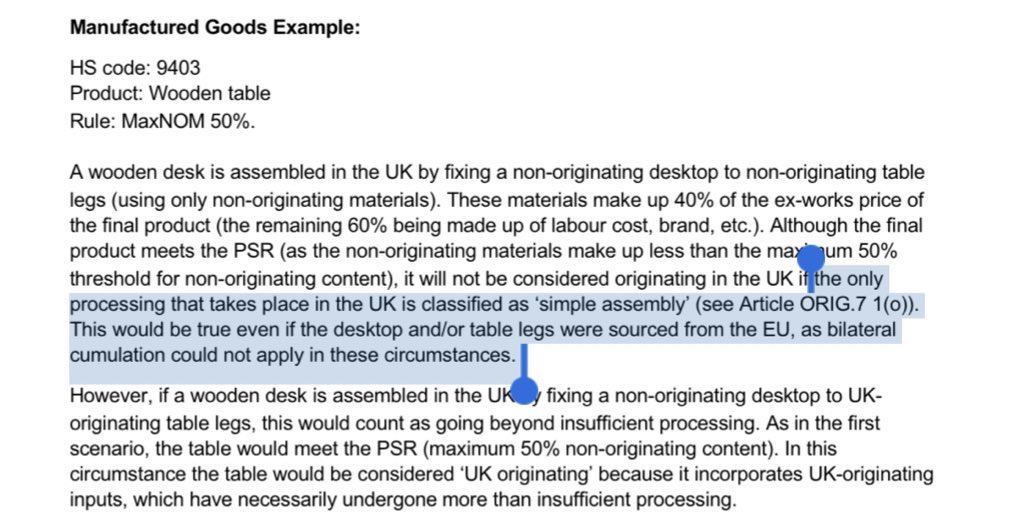 3. Legs of a wooden table  A wooden table that was assembled in the UK from non UK desktop and and leg “will not be considered originating in the UK” even if both were sourced from the EU as “bilateral cumulation could not apply”...