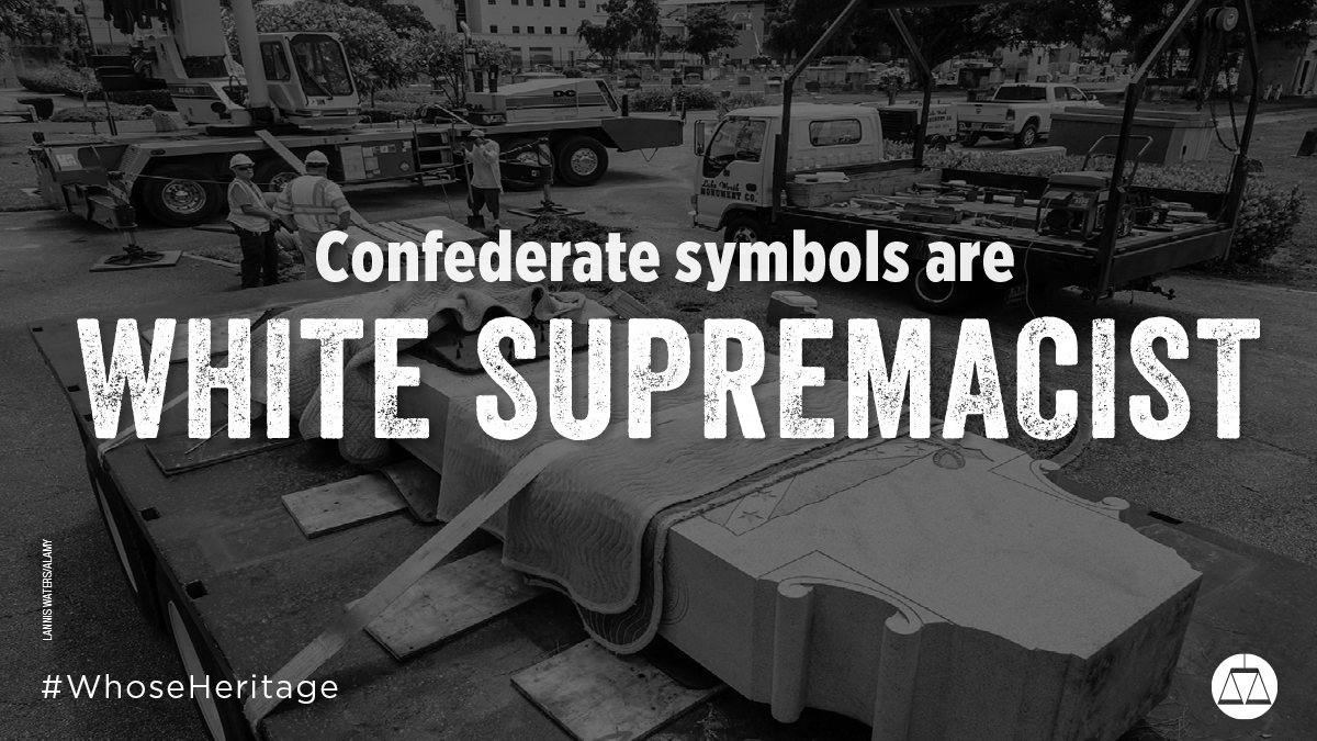 splcenter's tweet photo. #Confederate symbols honor a white supremacist system based upon the enslavement of Black people. 

They don’t deserve a spot in our public spaces. #WhoseHeritage https://t.co/FPds2w4r5Y