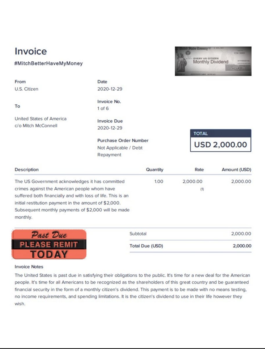 J212_87's tweet photo. @senatemajldr just confirming your office received the past due invoice I sent you... not sure where it originated, maybe @MP4Humanity? Please approve and remit payment to #WeThePeople at your earliest convenience. #CallMitchFor2K #MitchMcConnellHatesAmerica #yanggang https://t.co/Q8uugJ5mjz