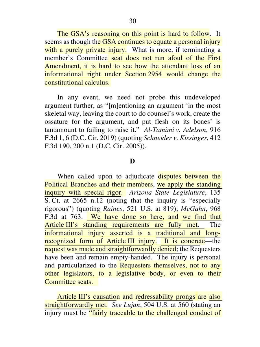 Dear  @USGSA  @GSAEmily READ IT“GSA’s reasoning on this point is hard to follow. It seems as though the GSA continues to equate a personal injury with a purely private injury. What is more, if terminating a member’s Committee seat does not run afoul of the First Amendment...”