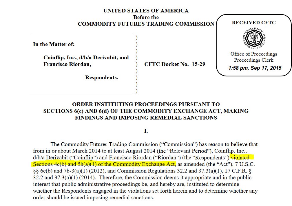 2/ Here is the order in the case against Coinflip and their options trading platform Derivabit from September 2015. They got charged for offering swaps on Bitcoin (a commodity in the eyes of the CFTC) without being registered:  https://www.cftc.gov/sites/default/files/idc/groups/public/@lrenforcementactions/documents/legalpleading/enfcoinfliprorder09172015.pdf