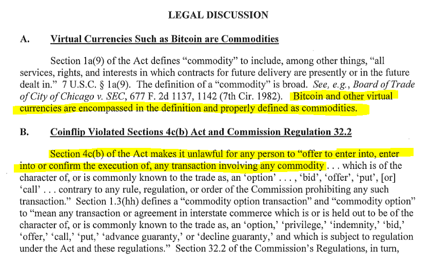 2/ Here is the order in the case against Coinflip and their options trading platform Derivabit from September 2015. They got charged for offering swaps on Bitcoin (a commodity in the eyes of the CFTC) without being registered:  https://www.cftc.gov/sites/default/files/idc/groups/public/@lrenforcementactions/documents/legalpleading/enfcoinfliprorder09172015.pdf