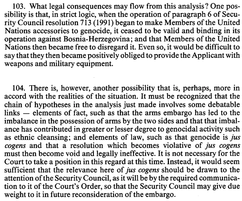 9. Note that Lauterpacht's argument turns on the prohibition of genocide, not the right of self-defense. And he would give the Security Council a chance to resolve the apparent conflict itself.
