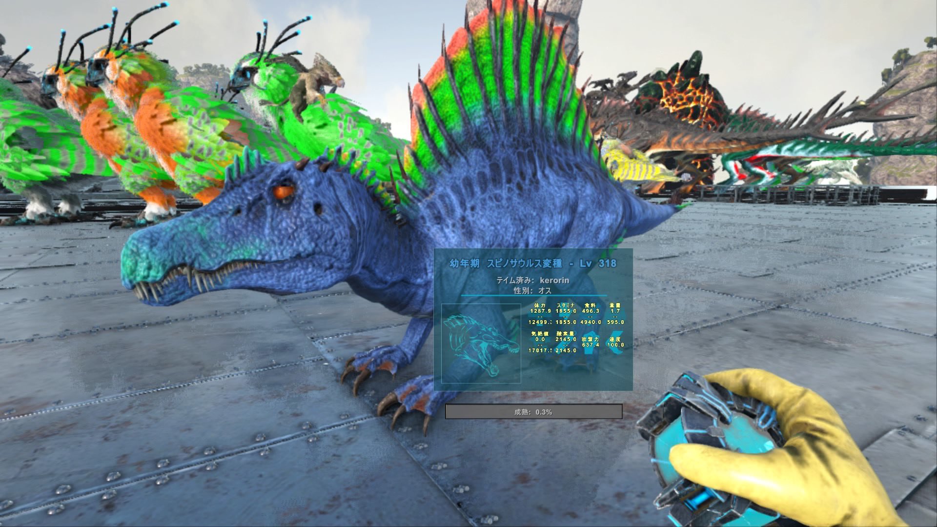 タペ やっとスピノさんがステータスとお気に入りの色を引き継いでくれた 雪フクロウ達も日に日に増え続けています 雪フクロウ スピノサウルス Ark T Co Bzpdznrjr9 Twitter