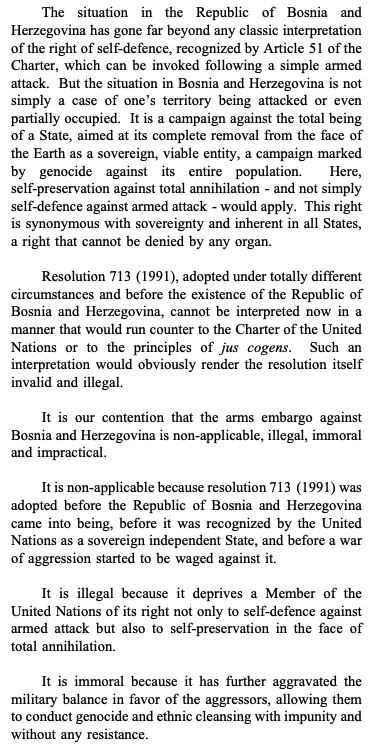 13. In its April 1994 statement, Iran mentions all three. Though it's not entirely clear, the jus cogens norm Iran seems to have in mind is the right of "self-preservation in the face of total annihilation," as a component of the right of self-defense.