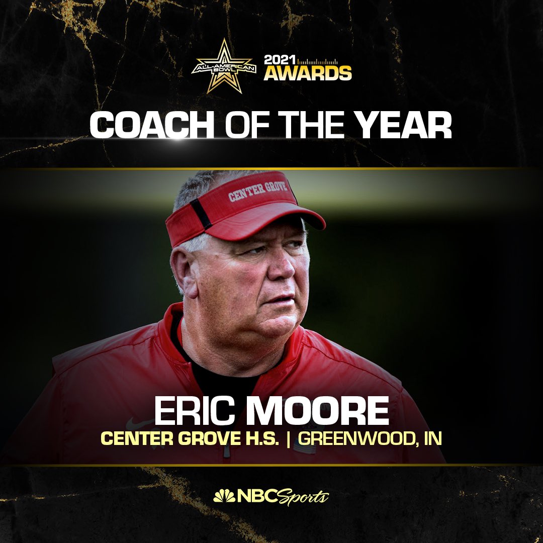2️⃣0️⃣2️⃣1️⃣ 𝗖𝗼𝗮𝗰𝗵 𝗼𝗳 𝘁𝗵𝗲 𝗬𝗲𝗮𝗿

Congratulations to Eric Moore (<a href="/cg_coach_moore/">Eric Moore</a>) of Center Grove H.S. for being named the All-American Bowl’s Coach of the Year.

#AAB21 🇺🇸

#AllAmericanBowl 🏈