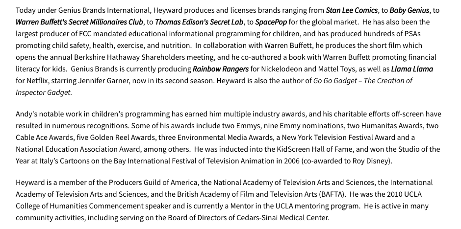  $GNUS is a media company focused on Children's media and teen content with an educational focus. Leadership includes the renown Andy Howard (CEO and Chairman) who has sold companies to Disney ($DIS) in the past. Peep his clout in the clips below.