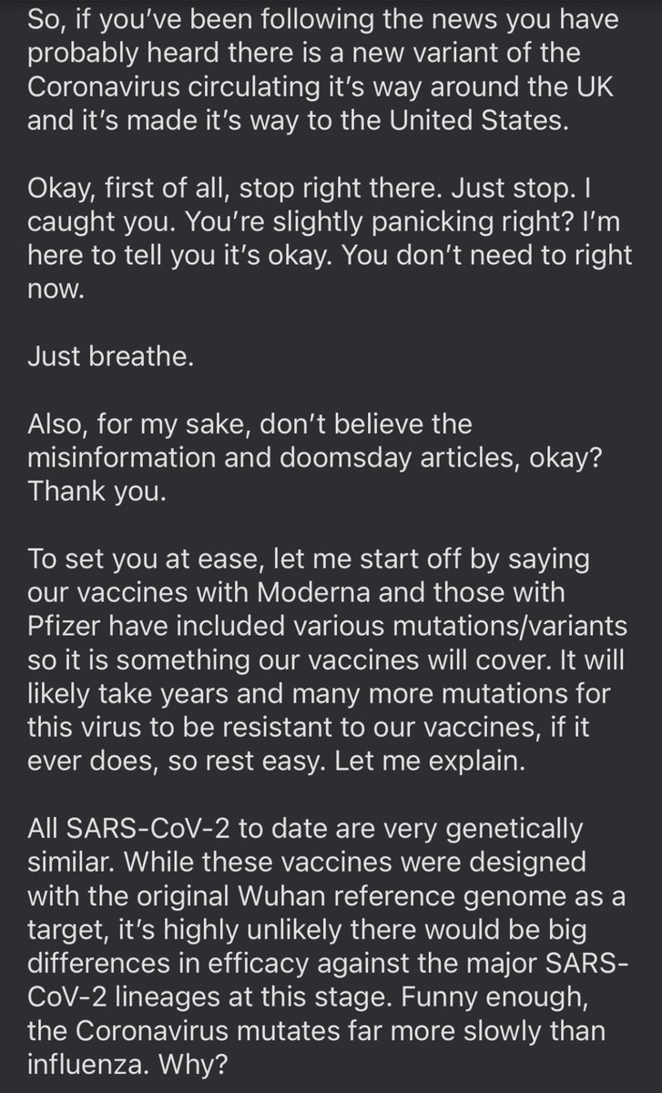 As you may know, today the newest COVID variant was detected in the U.S. I am resposting this in order to combat misinformation on what you need to know about it. Yes, it spreads faster. No, the vaccines aren’t rendered useless. Here’s why and the science behind it: