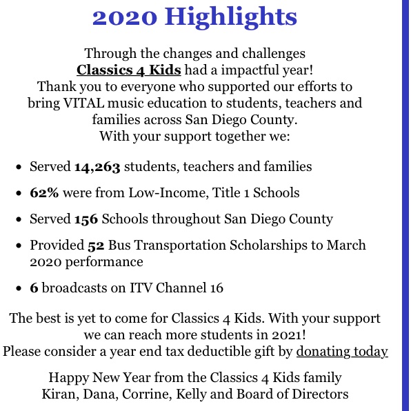 We are excited for 2021 & to continue our impact on so many students! Consider making a donation today! lnkd.in/gREutZK
#classics4kids #music #musiceducation #sandiego #sandiegononprofits #donate #nonprofit #california #sandiegolife #californiadreaming #education