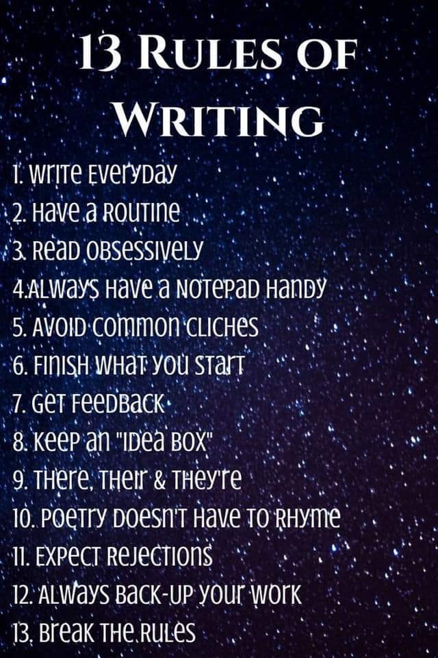 KrisWampler's tweet photo. 13 rules of writing. #writingcommunity #writing #amwriting #authors #indieauthors https://t.co/KN8ziqmIro