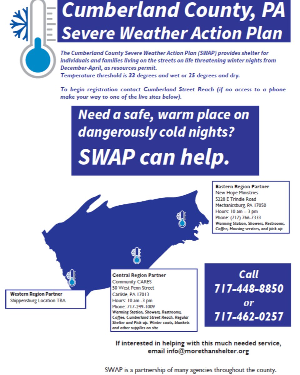 ❄️❄️Brrrrr - it's getting cold outside!  The Cumberland County Severe Weather Action Plan (SWAP) provides shelter for individuals and families living on the streets on life threatening winter nights from December-April, as resources permit. Please SHARE. nhm-pa.org/resources/