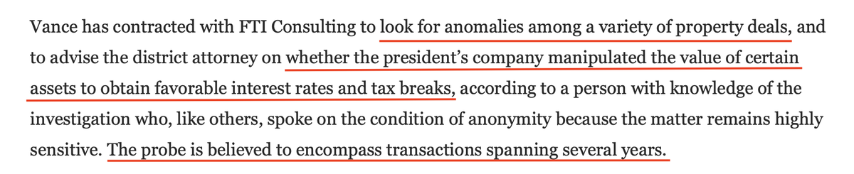 Now, what is Cy Vance looking at?OH WOW IT'S MISSTATING THE VALUE OF ASSETS FOR MULTIPLE REAL ESTATE DEALSwhoops. potential fraud charges. 