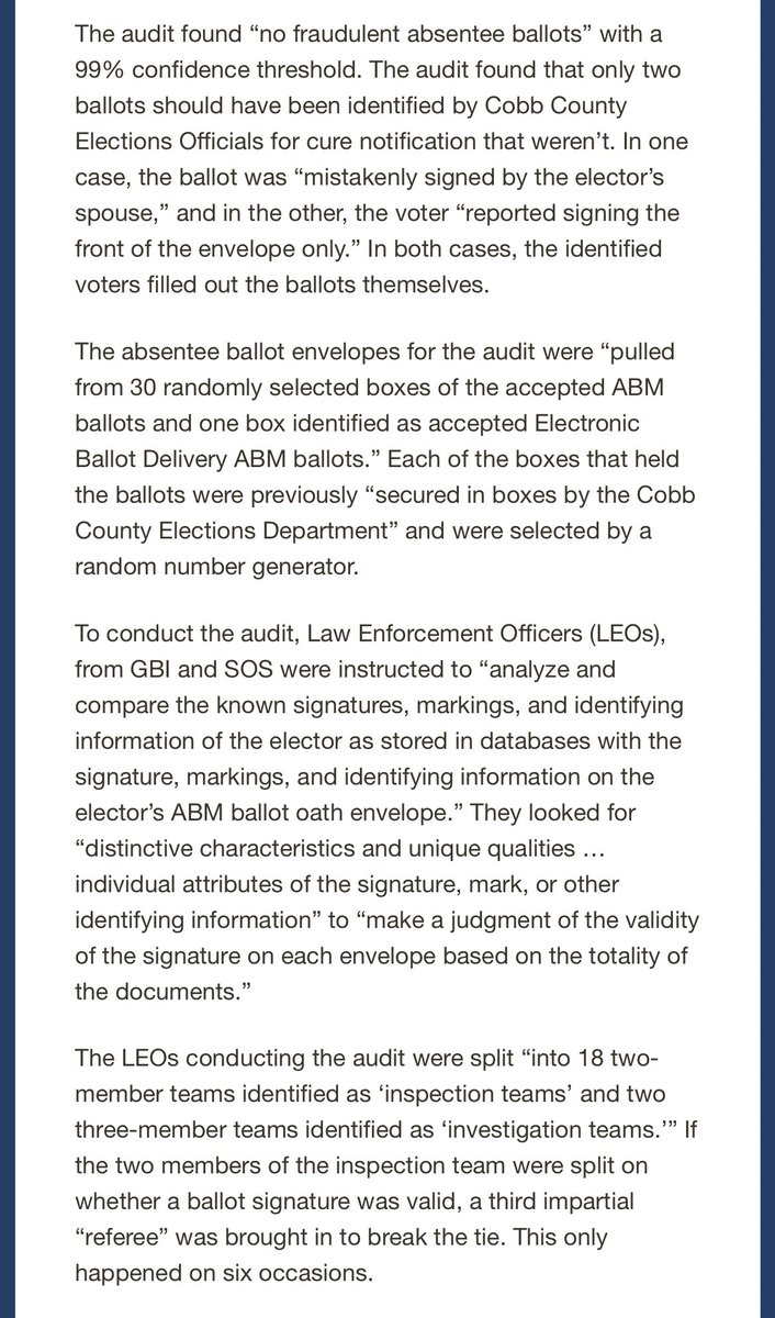 More clarification now from  @GaSecofState on the 2 of 15,118 problems found in Cobb Signature audit - 1 was the wife who signed her name to husband’s envelope - the 2nd was voter who signed only the front of the envelope - read more from  @GaSecofState on how the audit was done:
