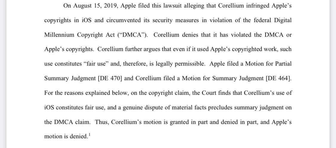 Today the SD Florida Federal District Court, found  @CorelliumHQ’s virtual iOS product was a fair use of Apple’s copyright, but left the DMCA claim for more facts.