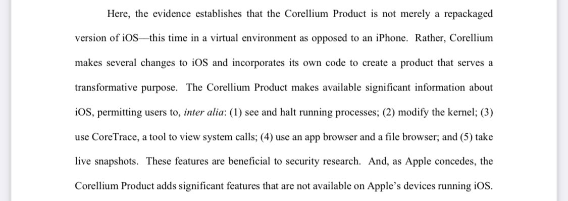 Critically, the court found Corellium’s use, which allows for security research not feasible on a standard iPhone, transformative, which is a key fair use factor.