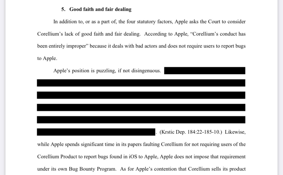 Apple argued bad faith, but the Court was not impressed, for redacted reasons. It’s not a good sign if a court describes your arguments as puzzling and maybe disingenuous.