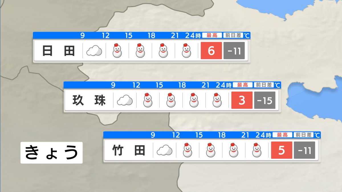 obs_w's tweet photo. 【数年に一度の寒気】
県内はきょう夜のはじめ頃からあすにかけて大雪のおそれ
平地でも大雪に注意

24時間予想降雪量（多い所・30日午前6時～）
山地10センチ
平地5センチ

暴風雪に警戒
積雪や路面の凍結による交通障害に注意
不要不急の外出は控えましょう
#大分 #大雪 https://t.co/34UfpE23jl