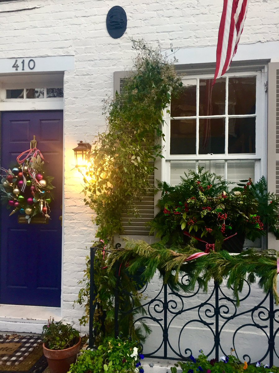 From  #LeeStreet  #OldTown  #Alexandria and its ornate iron gates to  #FairfaxStreet and nearly home. The lights — entryway, street post, or fairy — now beckoning so no longer tarrying. The tot’s fairy garden begged for a bit of purple. Well done. 4 years and counting. Pixie dust