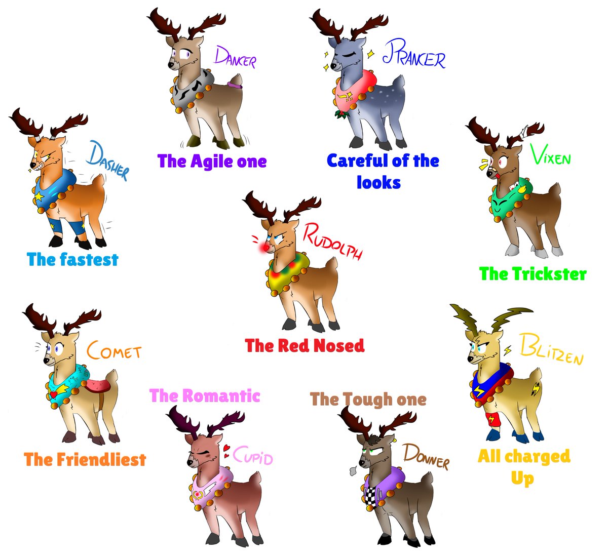 Felt like drawing the Santa's Reindeer Gang in my style this holiday. Yes.  #rudolph #dasher #dancer #prancer #vixen #comet #cupid #donner #blitzen, image size:1200x1104