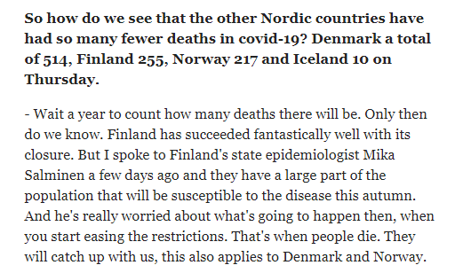 At the same time, Giesecke stated Sweden was doing best in the world and Finland would catch up in autumn. New Zealanders would have to quarantine travellers for decades. He estimated 5000 deaths before herd immunity. Now it's nearly 9000. No immunity. https://www.dn.se/nyheter/sverige/giesecke-om-ett-ar-ar-ovriga-norden-i-kapp-sveriges-dodstal/