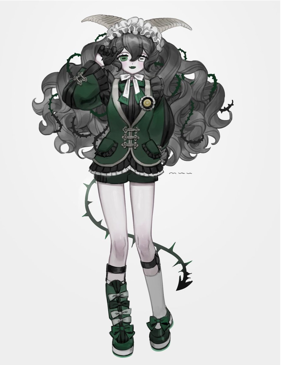 1girl solo grey hair green eyes thorns horns long hair  illustration images