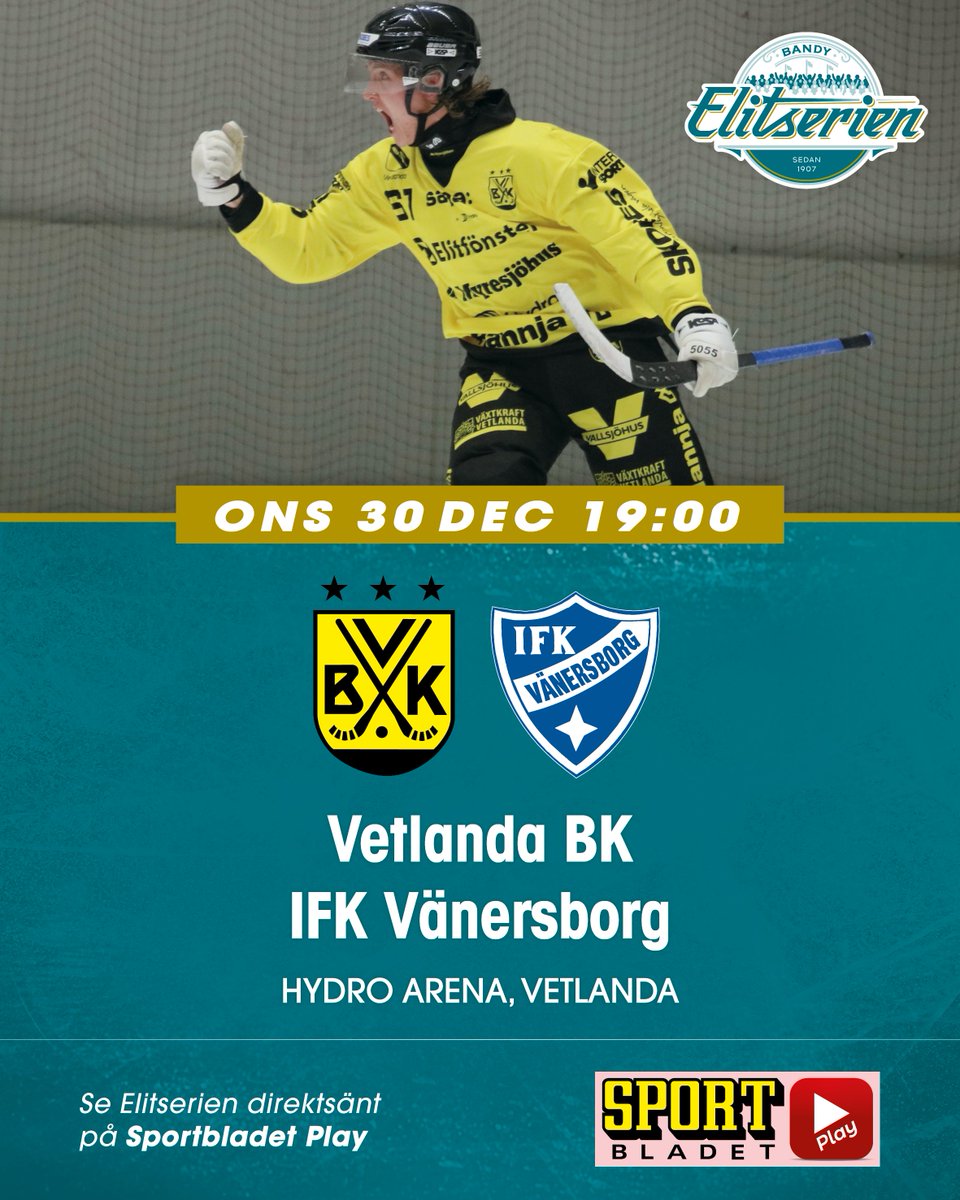 Årets sista match spelas ikväll hemma mot IFK Vänersborg. Vi hoppas att du vill stötta oss hemifrån soffan när vi jagar två poäng. Som vanligt ser du matchen via Sportbladet Play! 📺💛 #svbandy #gulsvartabk #sportbladet

Du hittar VBK:s match här: sportbladetplay.se/bandy/elitseri…