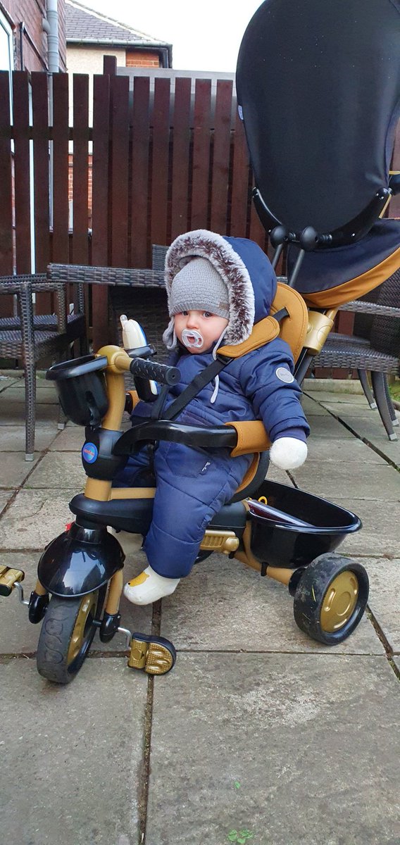 First time out on his trike/pram-mabobby.... loved it but wasn't sure what to do with his hands.... 😂