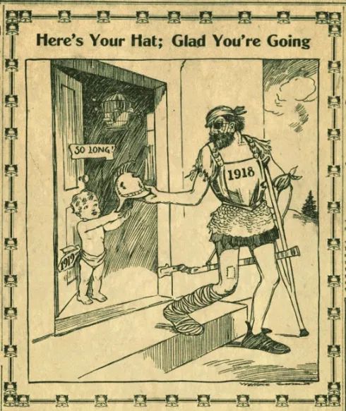 Boston Globe cartoon bidding adieu to 1918, during the Spanish flu pandemic