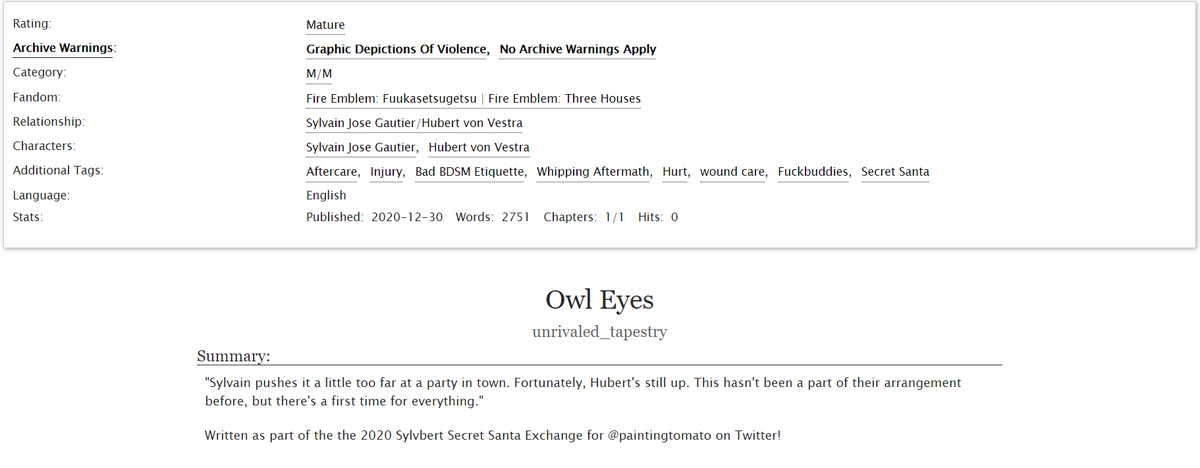 unrivalling's tweet photo. "Owl Eyes." Rated M. 2.7k Sylvbert 

A gift for @paintingtomato as part of the @SylvbertFE3H #SylvbertSanta Exchange!

Feat. aftercare and some light wound fingering~

https://t.co/BrrhGkApcS https://t.co/CK5mN4dNYU