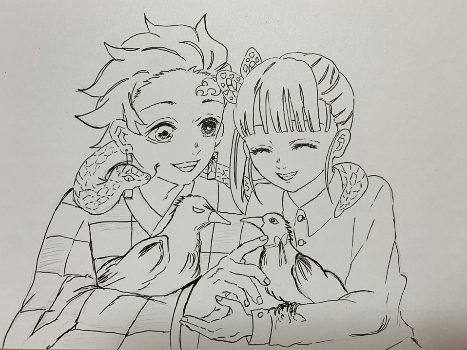 えりじろう 描きたい気持ちにかられたこのショット カナヲ羨ましい 今日のイラストは鬼滅の刃 竈門炭治郎と栗花落カナヲ とりあえず線画 炭治郎 カナヲ 炭カナ 鬼滅の刃 イラスト イラスト アナログ 鬼滅の刃絵描きさんと繋がりたい