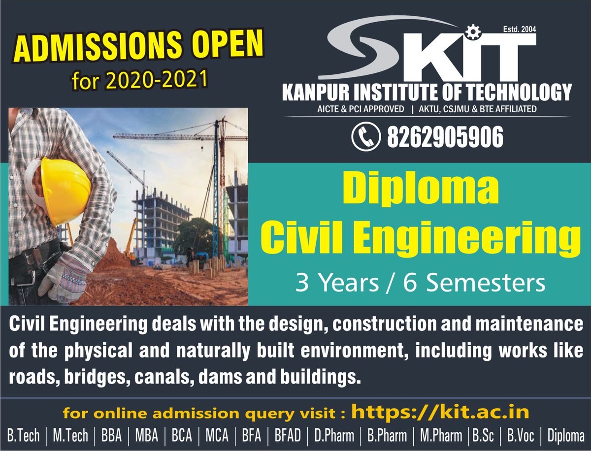 KIT_Kanpur's tweet photo. #Diploma #CivilEngineering #Student #Career #Opportunity #CourseAtKit #KIT #Kanpur
JOIN Diploma Civil Engineering
Admissions Open for Session 2020-21
For more details on courses Call / WhatsApp at 8262905906
Visit us at https://t.co/EhckpjdBSx
Facebook: kit165 https://t.co/ttIbFO0Dmd