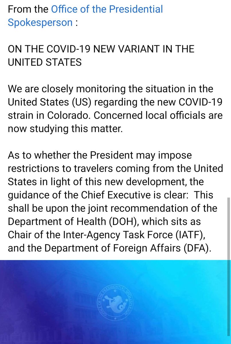 ntfcovid19ph's tweet image. READ: ON THE COVID-19 NEW VARIANT IN THE UNITED STATES -- From the Office of the Presidential Spokesperson | 30 December 2020

#COVID19PH #WeHealAsOnePH