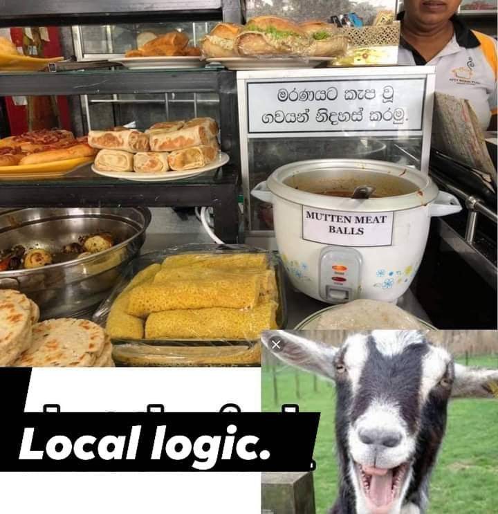 Jeevanifdo's tweet photo. Signboard above the mutton meat balls says "let's free cows waiting to be slaughtered" #locallogic https://t.co/io9UM4DoWt