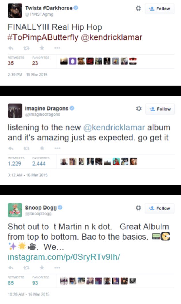 These are just screenshots of tweets, but I thought some of you would find it interesting, so here you go. Also, in an interview with BigBoyTV Dre says TPAB got him back into listening to albums 