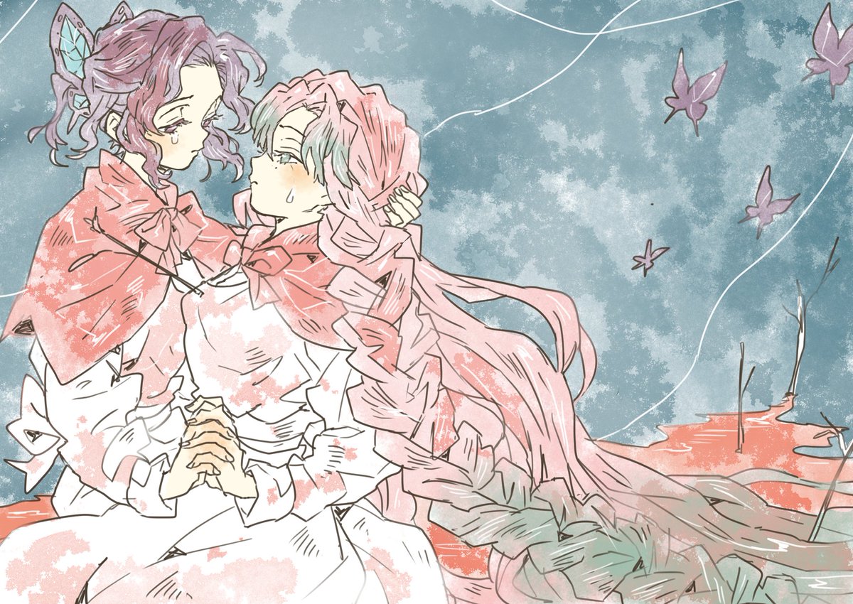 kanroji mitsuri multiple girls 2girls pink hair long hair braid holding hands hair ornament  illustration images