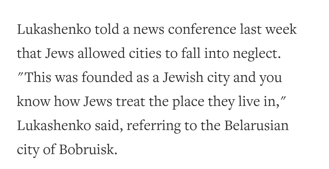 I didn't mourn most of this because the regime sent us clear messages for most of my life. Bobruisk, where I was born, has a long Jewish history. Or I should say had. It's a small community today. Here's what Lukashenko had to say about Bobruisk and its Jews in 2007: