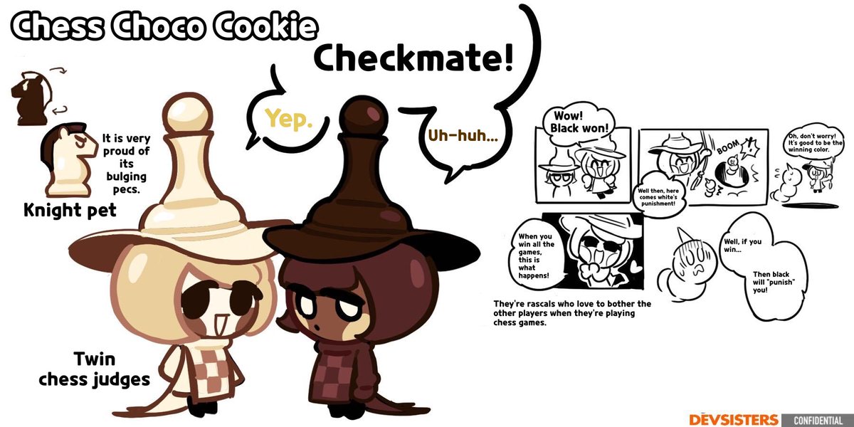 jemibuni's tweet image. I translated the #ChessChocoCookie concept art since I’ve been confident lately with my Korean skills. Enjoy the antics of these cute and mischievous l’il twins! 
#CookieRun