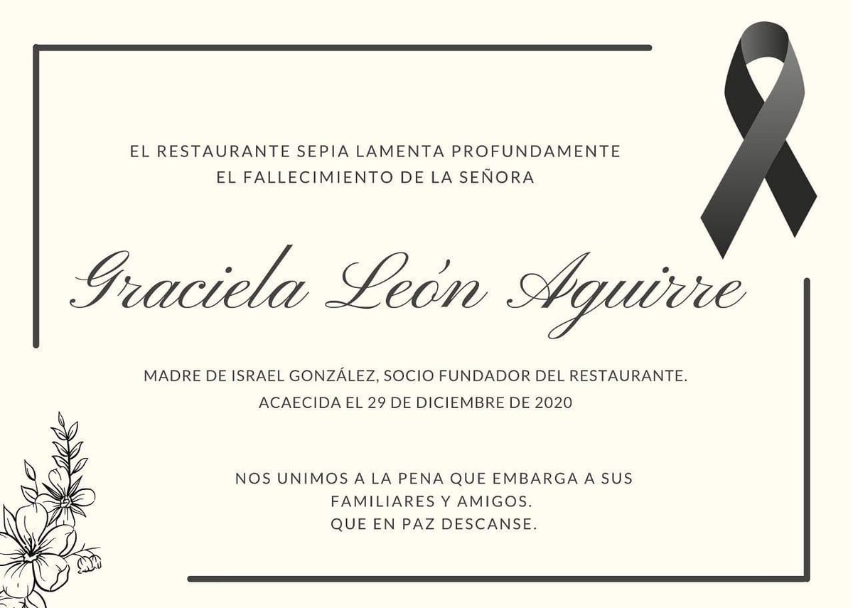 Nos sumamos a las condolencias por la partida de Doña Graciela León Aguirre madre de nuestro querido amigo Israel González, fundador de los restaurantes <a href="/sepiacitaliana/">Sepia Cucina Italiana</a> <a href="/pehua_mx/">PEHÜA</a> #CDMX
