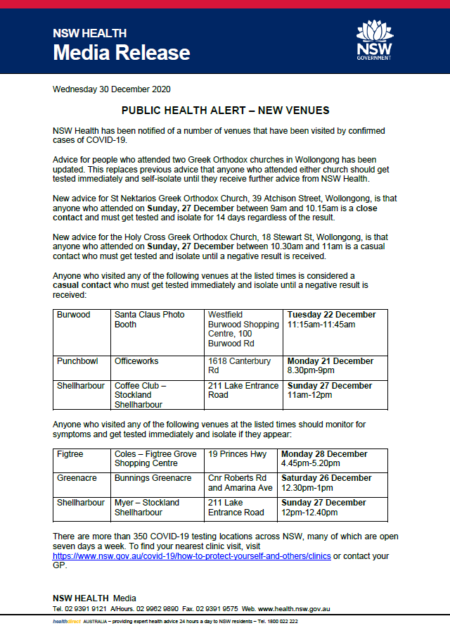 NSWHealth's tweet photo. .@NSWHealth has been notified of a number of new and updated venues attended by confirmed cases of #COVID19. https://t.co/hYQWlYMhus