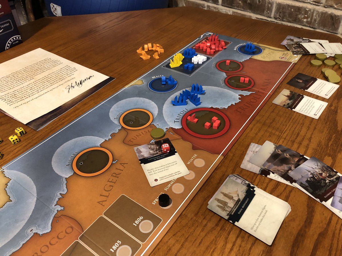 Got the wife to try out Shores of Tripoli from <a href="/fortcircle/">Fort Circle Games</a> and of course she won. My blockade took out three corsairs in one go, but that one survivor got the last coin needed for her to win! Fun game where the mechanics are simple but the tension ratchets up with every turn.