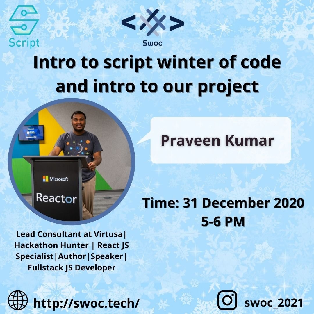 Social Winter Of Code (SWOC) (@_swoc_) on Twitter photo SWoC is here with yet another exciting event "Intro to SWoC " by <a href="/praveenscience/">Praveen Kumar Purushothaman</a> .
So get yourself registered here: airmeet.com/e/bd92a530-49f… SWoC is here with yet another exciting event "Intro to SWoC " by <a href="/praveenscience/">Praveen Kumar Purushothaman</a> .
So get yourself registered here: airmeet.com/e/bd92a530-49f…