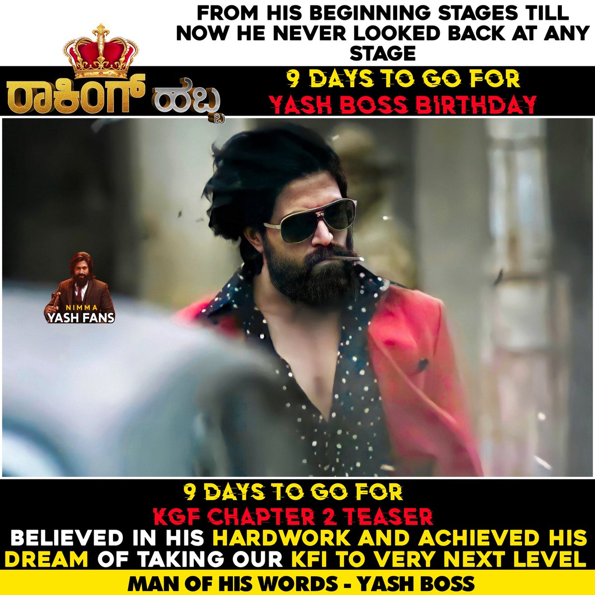TheYashRules's tweet photo. Advance Happy Birthday @TheNameIsYash BOSS
9 Days To Go BOSS Birthday..!!
9 Days To Go KGF CHAPTER 2 TEASER.. πͺπ₯
#YashBOSS
#KGFChapter2 #9DToGoYashBOSSBday
#9DToGoKGFChapter2Teaser
#KGFChapter2TeaserOnJan8 https://t.co/fSW6hfWfrv