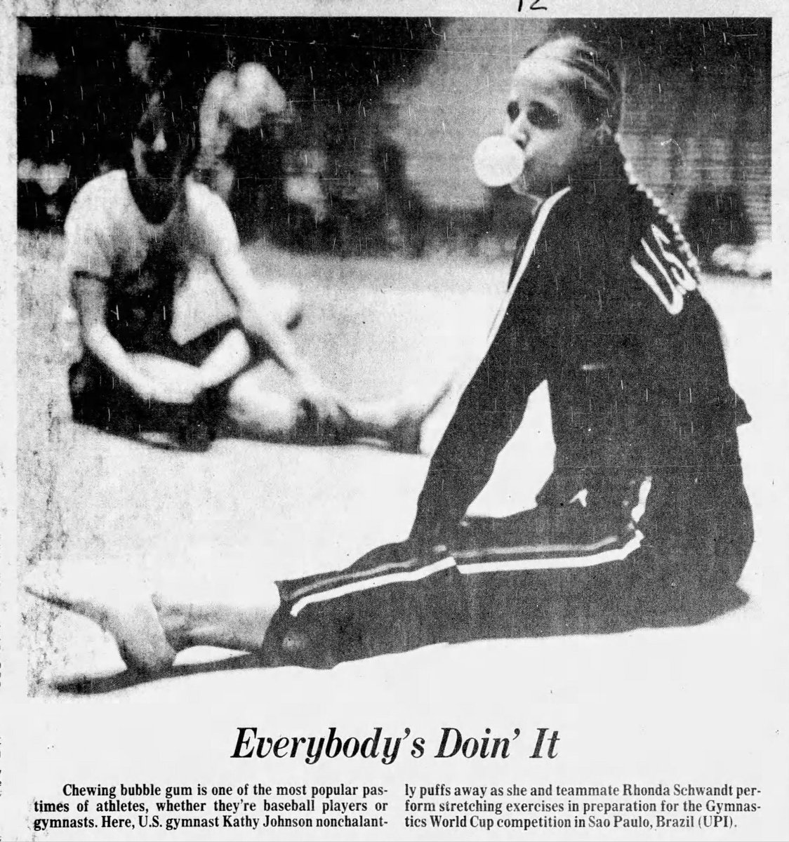 Kathy Johnson blowing gum- a gem from the newspapers- of all the people, i didn't think of her doing this but it makes sense- also hiiiii Rhonda Schwandt!