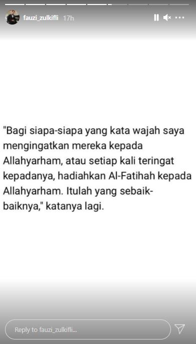 Fauzi menginginkan bagi siapa saja yang sekiranya teringat Ashraf Sinclair setelah melihat wajahnya, ia berharap agar mengirimkan doa kepada almarhum.