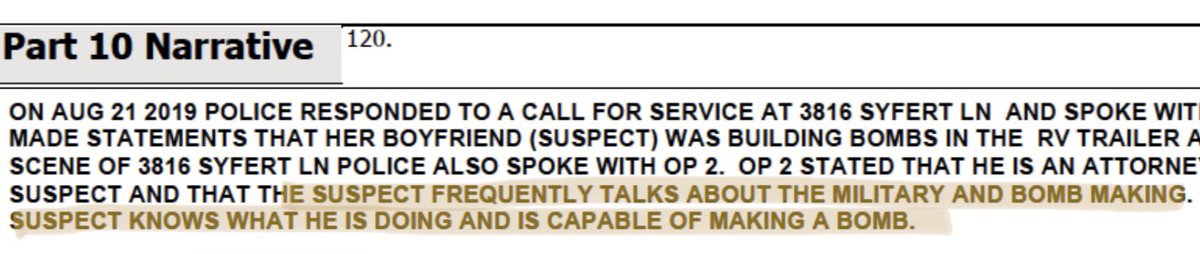 But, wait! There’s more. Warner’s OWN ATTORNEY said, and AGAIN I QUOTE:“[Warner] frequently talks about . . . bomb making[,] . . .knows what he is doing and is capable of making a bomb.” **WARNER’S ATTORNEY** said this. To police.4/x